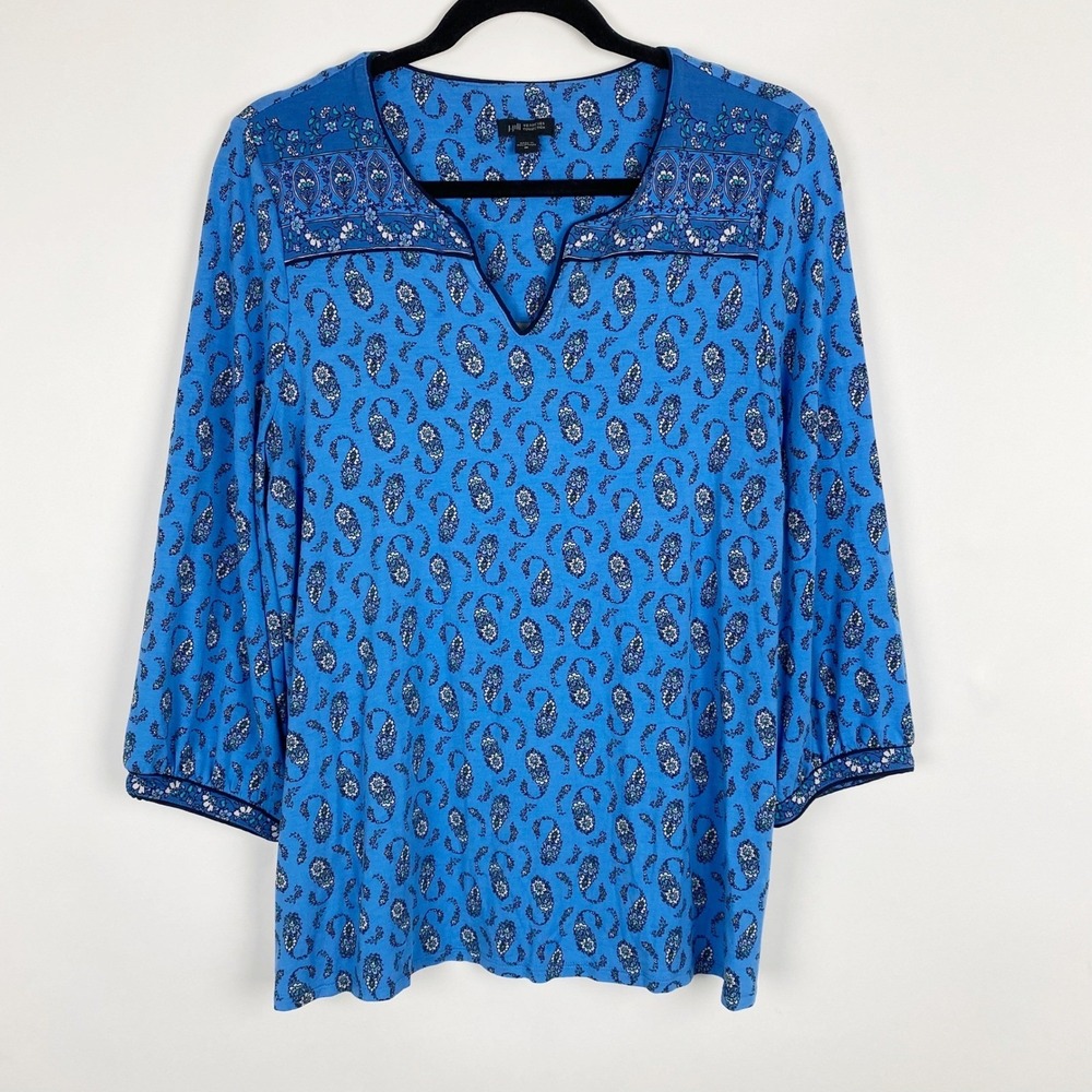 J. Jill Wearever Paisley Split Neck 3/4 Sleeve Tunic Top Womens Medium Blue Boho